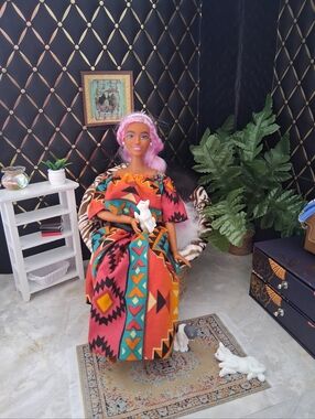 Bohemian Aztec Off Shoulder Top with matching Skirt for 11.5 inch Doll.